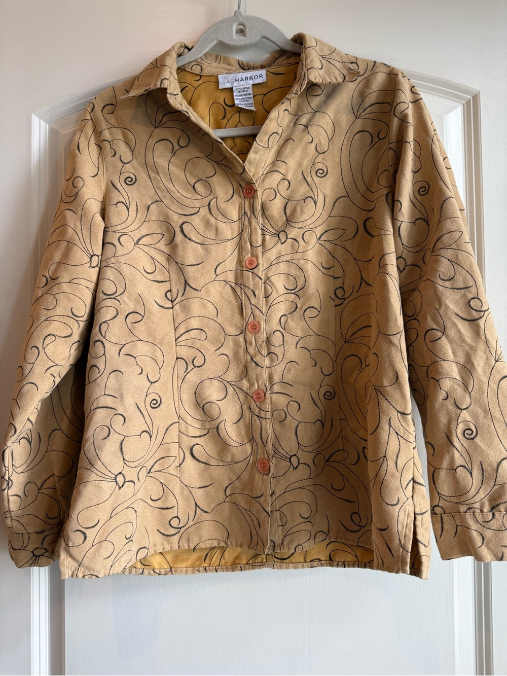 Sag Harbor Beige Swirl-Print Button Front Suede Blouse. Also worn as Shacket